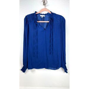 Maison d'Amelie Women Tie Neck Top Size XS Blue Smocked Cuff Ruffles Dress Shirt